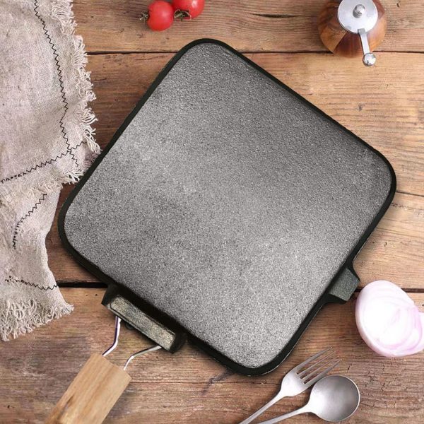 28cm Ribbed Cast Iron Square Steak Frying Grill Skillet Pan with Folding Wooden Handle – 1