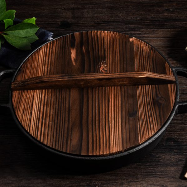 Round Cast Iron Pre-seasoned Deep Baking Pizza Frying Pan Skillet with Wooden Lid
