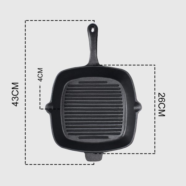 26cm Square Ribbed Cast Iron Frying Pan Skillet Steak Sizzle Platter with Handle – 2