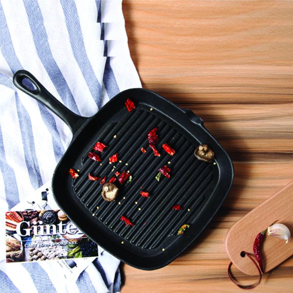 23.5cm Square Ribbed Cast Iron Frying Pan Skillet Steak Sizzle Platter with Handle – 1