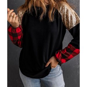 Azura Exchange Lantern Sleeve Plaid Sequin Pullover Sweatshirt
