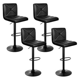 4x Bar Stools Gas Lift Leather Chair Black