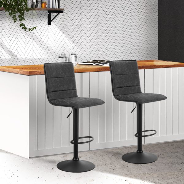 2x Bar Stools Gas Lift Vintage Leather Grey