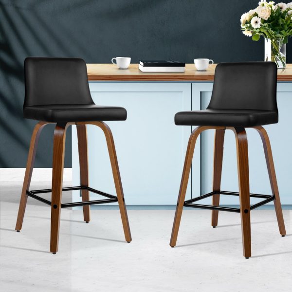 2x Bar Stools Swivel Leather Padded Wooden