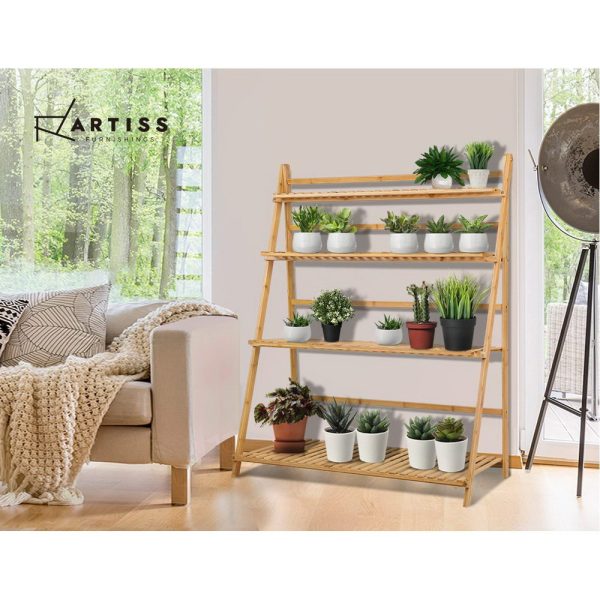 Plant Stand 4 Tier Bamboo Slat Flower Pot Shelf Pine