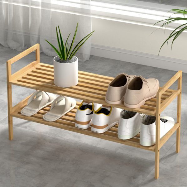 Shoe Rack Bamboo Storage Cabinet 2 Tiers Portable Organizer Shelf Pine