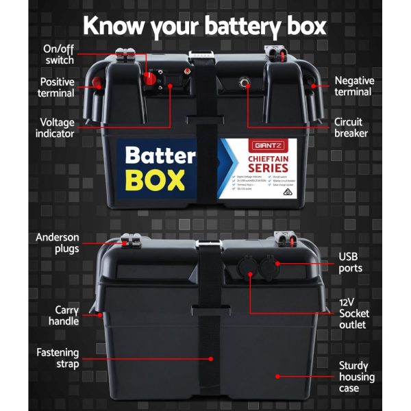 Battery Box 12V Camping Portable Deep Cycle AGM Universal Large USB Cig – 43x28x25 cm