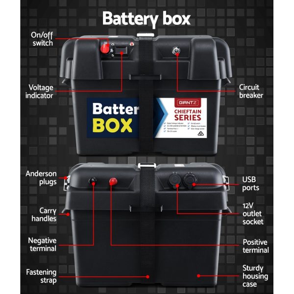 Deep Cycle Battery & Battery Box 12V AGM Marine Sealed Power Solar Caravan 4WD Camping – 75Ah