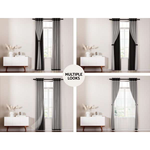 2X 132x160cm Blockout Sheer Curtains Black