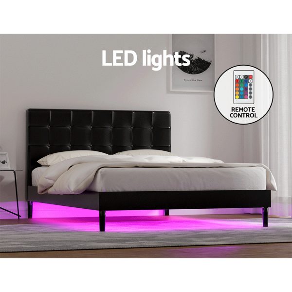 Bed Frame Double Bed Base w LED Lights Charge Ports Black Leather RAVI