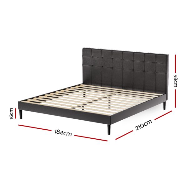 Bed Frame King Bed Base w RGB LED Lights Charge Ports Black Leather RAVI