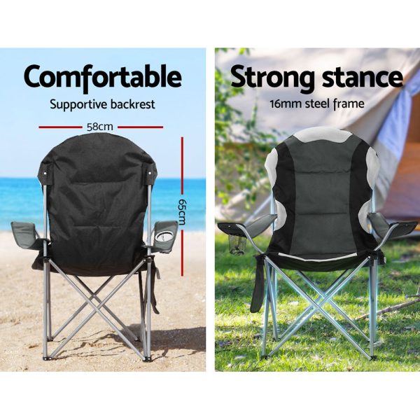 2X Folding Camping Chairs Arm Chair Portable Outdoor Beach Fishing BBQ – Grey