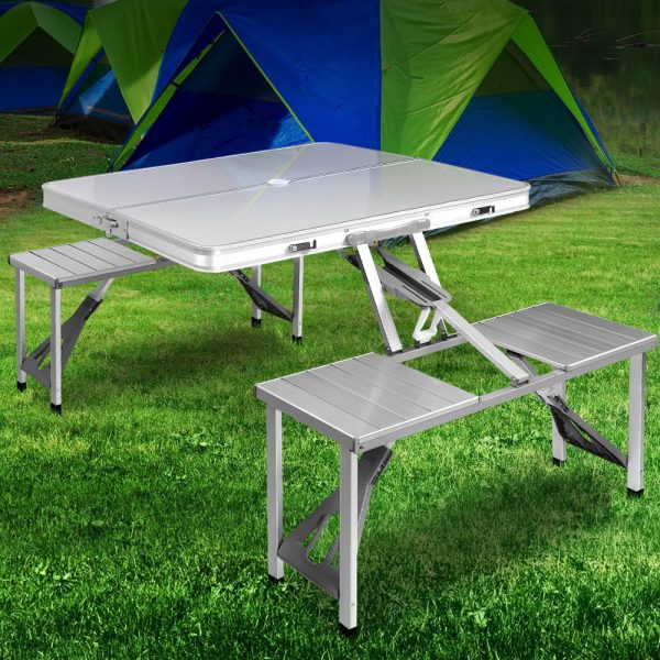 Folding Camping Table Outdoor Picnic BBQ With 2 Bench Chairs Set