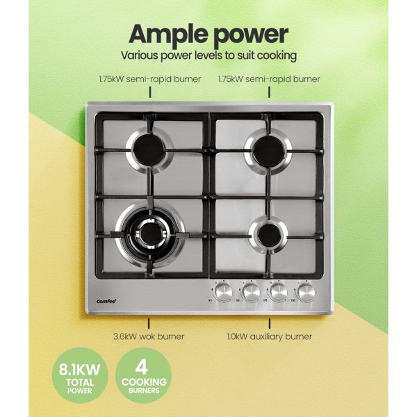 60cm Gas Cooktop 4 Burners Kitchen Gas Hob Trivets Stove Cook Top Black – Steel