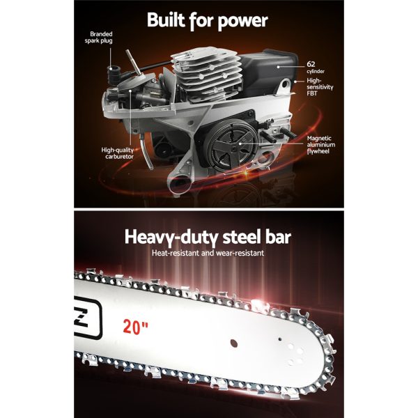 62CC Chainsaw Commercial Petrol 20″ Bar E-Start 20 Bar Pruning Chain Saw