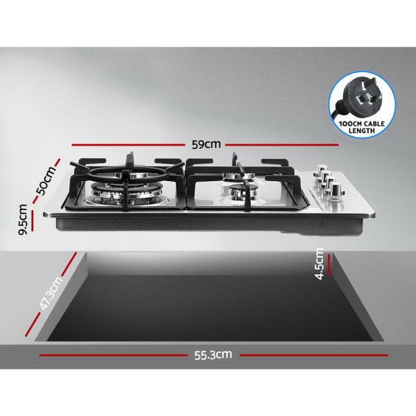 Gas Cooktop 60cm 4 Burner Ceramic Glass Cook Top Stove Hob Cooker LPG NG – Model 2, Steel