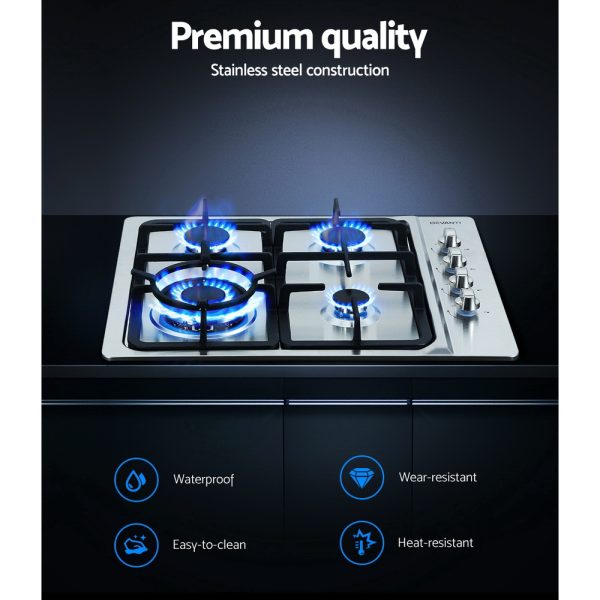 Gas Cooktop 60cm 4 Burner Ceramic Glass Cook Top Stove Hob Cooker LPG NG – Model 2, Steel