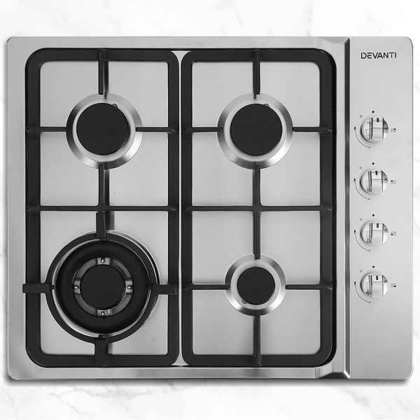 Gas Cooktop 60cm 4 Burner Ceramic Glass Cook Top Stove Hob Cooker LPG NG – Model 2, Steel