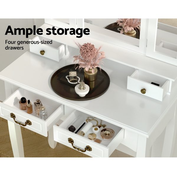 Dressing Table Stool Set Foldable Mirror White