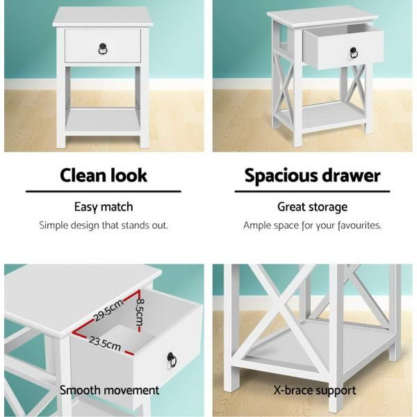 2 X Bedside Table 1 Drawer with Shelf – EMMA White