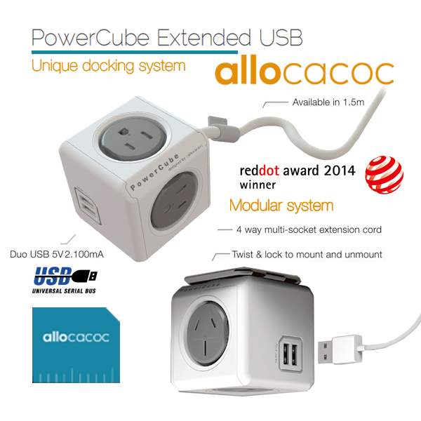 Allocacoc PowerCube Extended USB Powerboard 4-Outlets 2 USB Ports Grey-White 1.5m