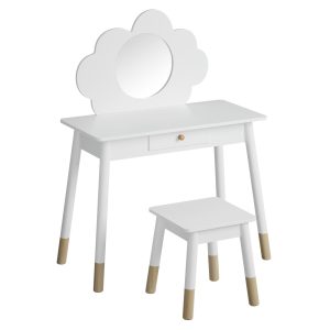 Kids Dressing Table Chair Set Vanity Makeup Wooden Leg Mirror Drawer