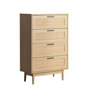 Chest of Drawers Rattan Tallboy Cabinet Bedroom Clothes Storage Wood – 4 Drawer