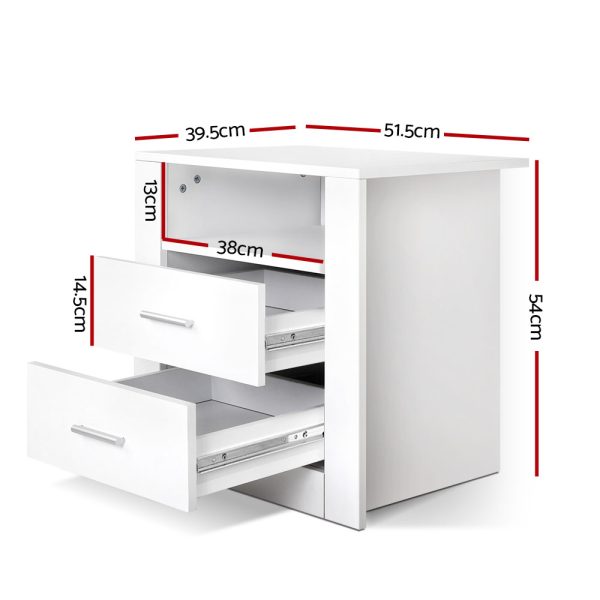 Bedside Table 2 Drawers with Shelf – TARA White