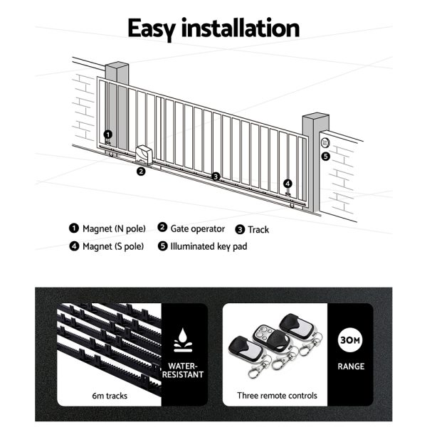 Automatic Sliding Gate Opener Kit Electric 6M 600KG 3 Control Remotes