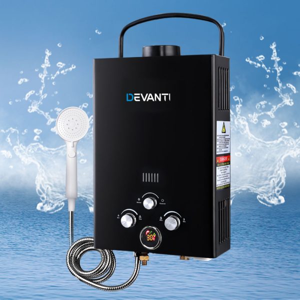 Portable Gas Water Heater 8LPM Outdoor Camping Shower – Black, Without Pump