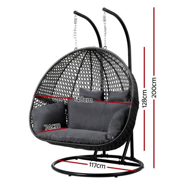 Outdoor Egg Swing Chair Hanging Pod Chair Wicker Cushion 2 Person Grey