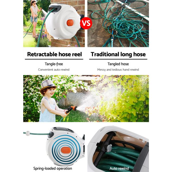 Retractable Water Hose Reel Garden Spray Gun Storage AutoRewind – 20 M