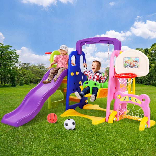 Kids Slide Swing Set Basketball Hoop Study Table Outdoor Toys 140cm Purple