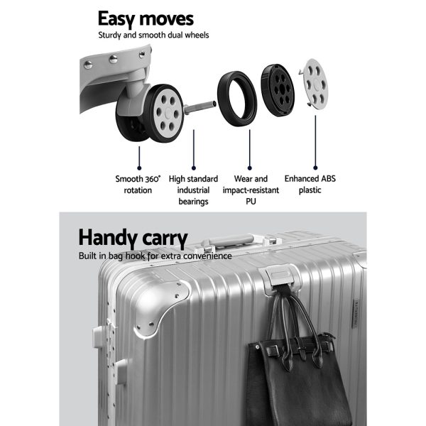 Wanderlite 28″ Luggage Trolley Travel Suitcase Set TSA Carry On Lightweight Aluminum Silver