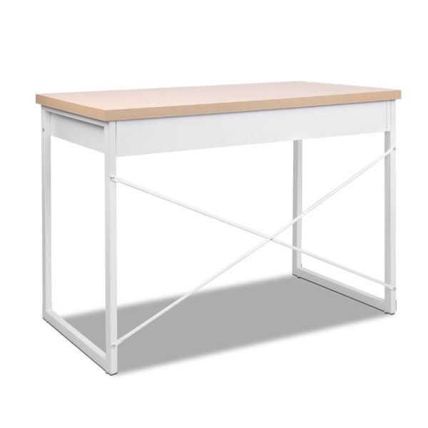 Metal Desk with Drawer – Wooden Top – Oak and White