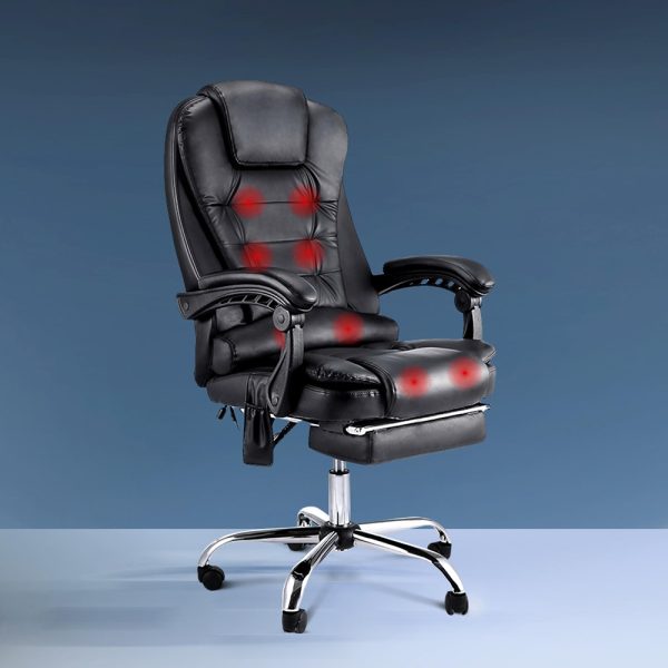 8 Point Massage Office Chair PU Leather Footrest Black