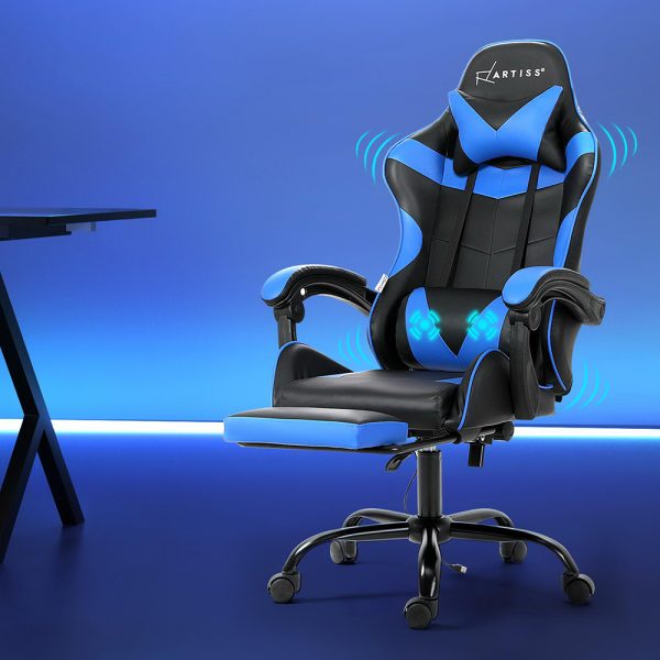 Gaming Chairs Massage Racing Recliner Leather Office Chair Footrest. – Black and Blue