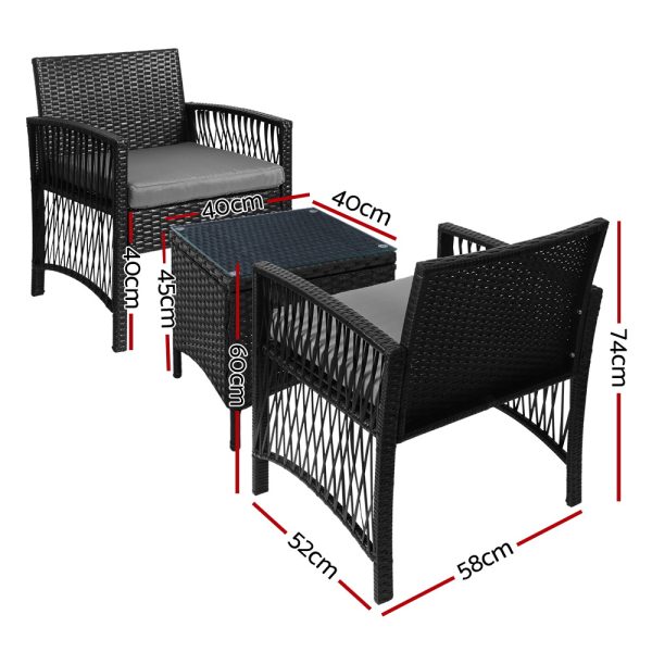 3PC Outdoor Bistro Set Patio Furniture Wicker Dining Chairs Table Cushion Black