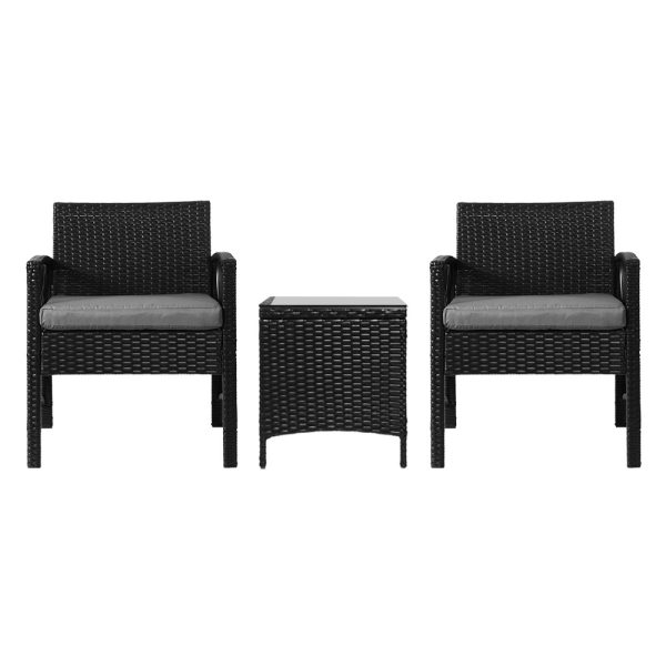 3PC Outdoor Bistro Set Patio Furniture Wicker Dining Chairs Table Cushion Black