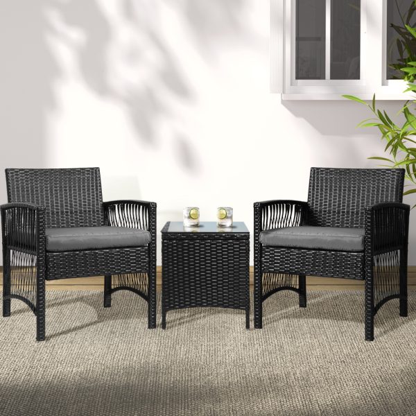 3PC Outdoor Bistro Set Patio Furniture Wicker Dining Chairs Table Cushion Black