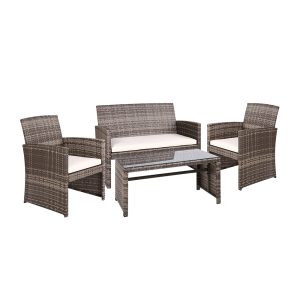 Set of 4 Outdoor Lounge Setting Rattan Patio Wicker Dining Set – Grey and Beige, With Storage Cover