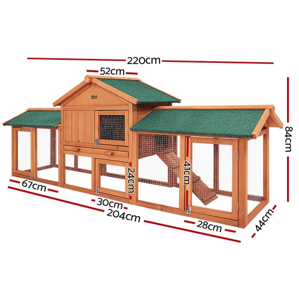 Chicken Coop Rabbit Hutch 220cm x 44cm x 84cm Large Run Wooden Outdoor Bunny Cage House