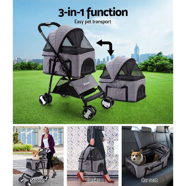 Pet Stroller Dog Carrier Foldable Pram 3 IN 1 Middle Size – Grey