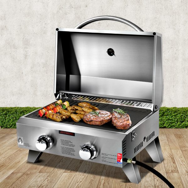 Portable Gas BBQ Grill 2 Burners with Double Sided Plate