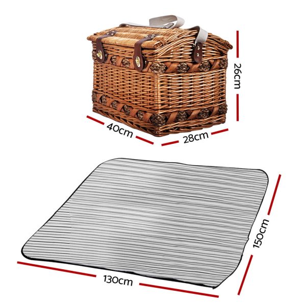 4 Person Picnic Basket Baskets Wicker Deluxe Outdoor Insulated Blanket – Brown