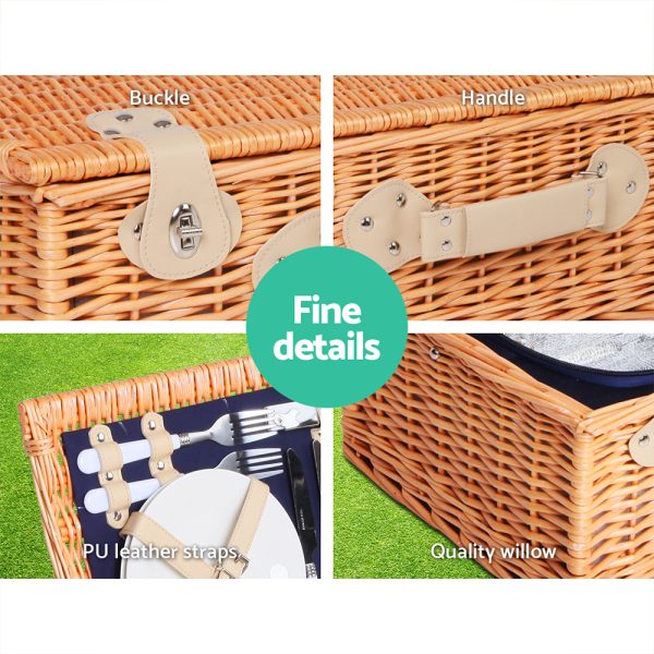 4 Person Picnic Basket Wicker Set Baskets Outdoor Insulated Blanket – Navy Blue