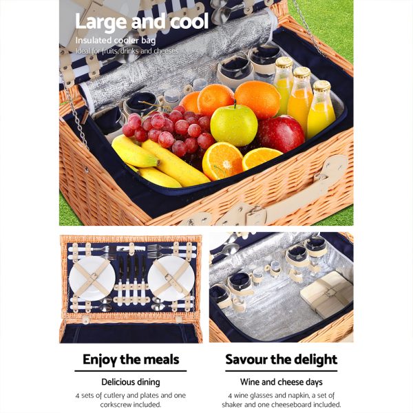 4 Person Picnic Basket Wicker Set Baskets Outdoor Insulated Blanket – Navy Blue