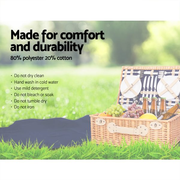 4 Person Picnic Basket Wicker Set Baskets Outdoor Insulated Blanket – Navy Blue