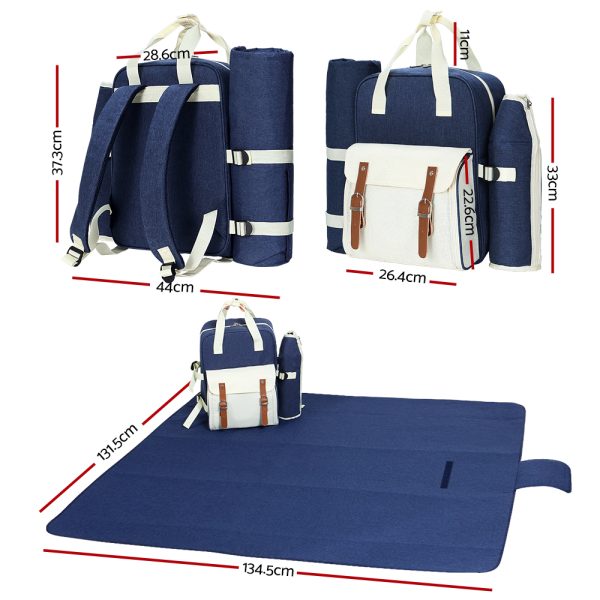 Picnic Basket Backpack Set Cooler Bag 4 Person Outdoor Liquor – Blue and White