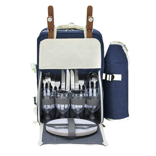 Picnic Basket Backpack Set Cooler Bag 4 Person Outdoor Liquor – Blue and White